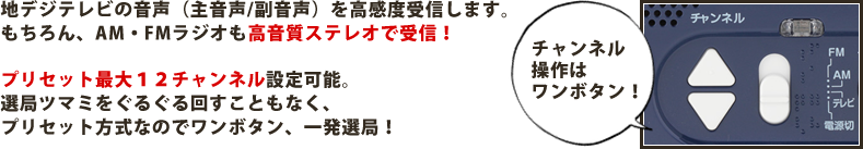 地デジテレビの音声（主音声/副音声）を高感度受信します。もちろん、AM・FMラジオも高音質ステレオで受信！プリセットが最大１２チャンネルOK！グリグリと回すつまみ合わせる必要もなく、プリセットしたチャンネルをワンボタンで楽しめます！